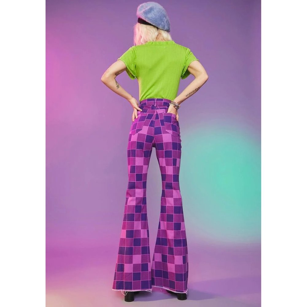 💥RETRO CHIC💥Dolls Kill American Bazi Checkered Flare Jeans in Purple/Plum/Pink - Picture 4 of 12